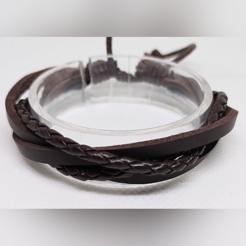 Men's leather bracelet layered‎ braided brown new e50